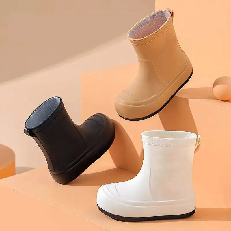 Children Cute Cartoon Rain Boots Solid Color Minimalist Non Slip Waterproof Outdoor Shoes Soft Sole Rubber Footwear New Arrival