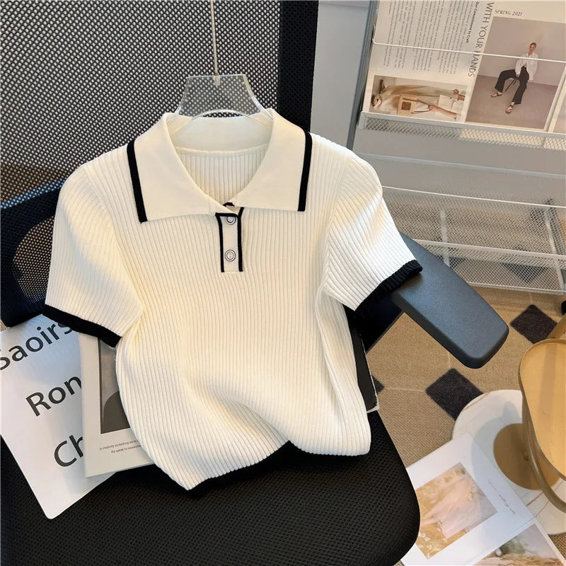 Ice Silk Polo Shirt Summer Women's Knitted Short Sleeve Polo Casual Versatile Women Sweater Tops 2025 Korean Clothing