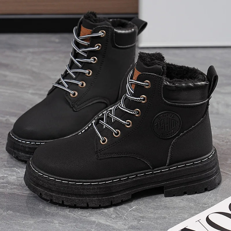 Women's Boots 2026 High Top Workwear Boots British Style Korean Version Thick Soled Lace Up Anti Slip Warm Waterproof Boots