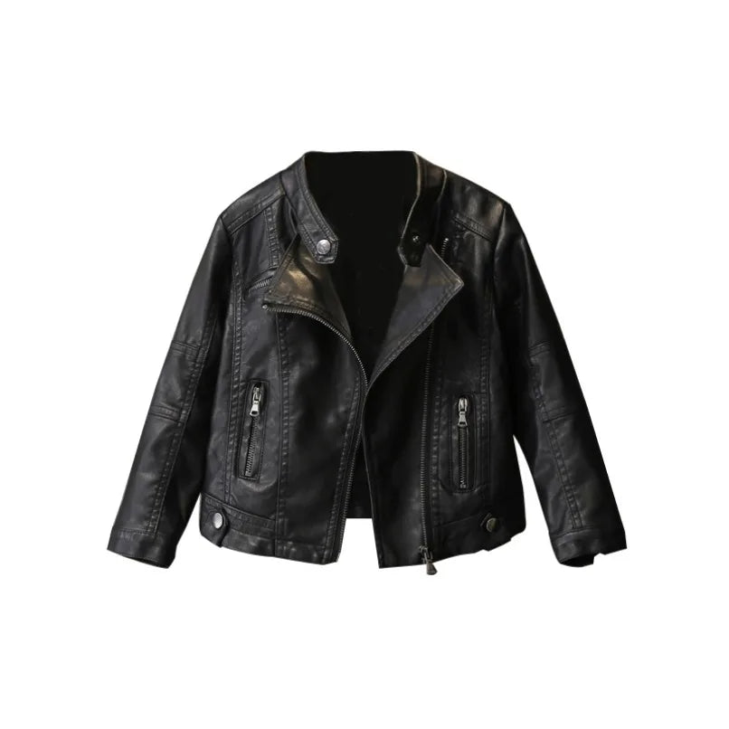 2025 Girls Boys Black Pu Zipper Jackets Kids Baby Leather Jacket  Cool Coat Children Clothes Overcoats Spring Autumn 2-14T