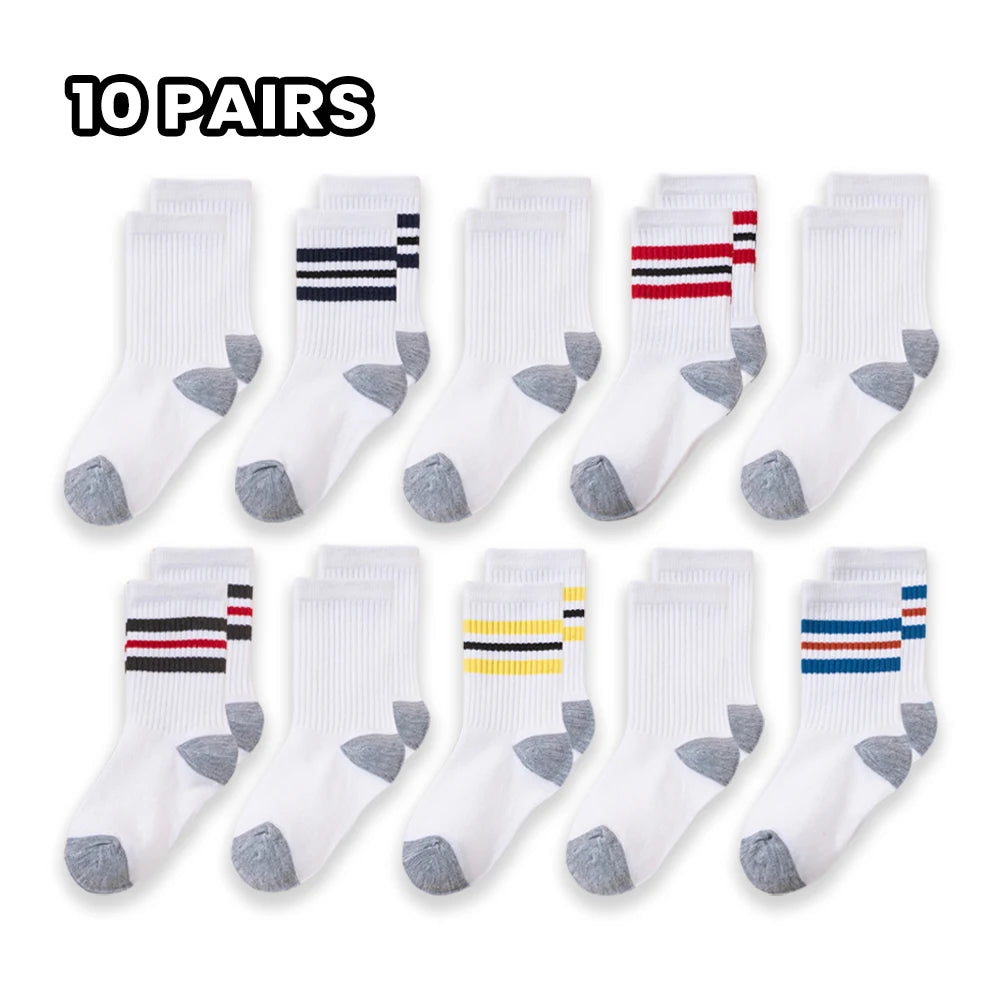 10 Pairs Kids' Sports Mid-Calf Socks, Classic Striped and Color-Blocked Design, Suitable for Students to Wear Back to School
