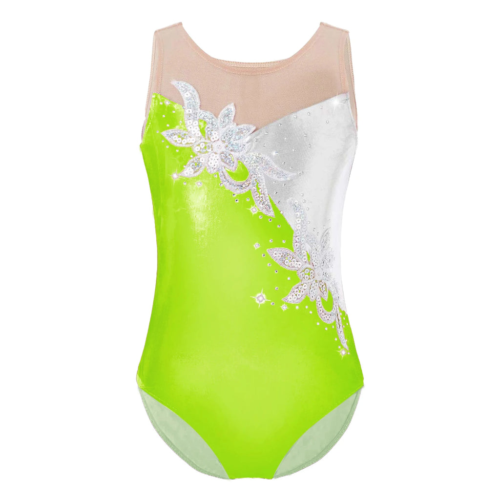 Kids Girls Gymnastics Swimsuit for Dancing Ballet Dancewear Metallic Shiny Leotard Print Asymmetrical Shoulder Strap Bodysuit