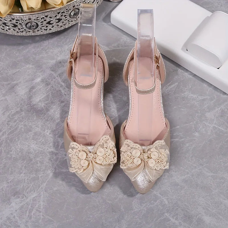 Girls Pointed Toe Lace Sandals 2026 Floral Princess Heels Children Bow Party Dress Shoes Kids Dance Performance Recital Wedding