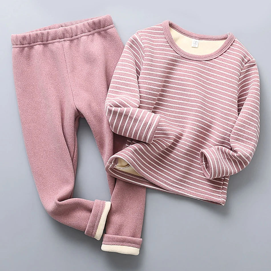 Plush Lined Kids Pajama Set Cozy Striped Winter Sleepwear Ultra Warm Soft Pajamas for Boys and Girls for Autumn and Winter