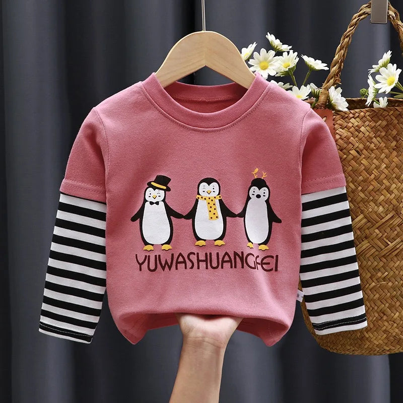 Kids Spring Autumn Long Sleeve Tops Boys Girls Cute Cartoon Shirts Toddler Daily Bottoming Tees Baby Soft Casual Outfits