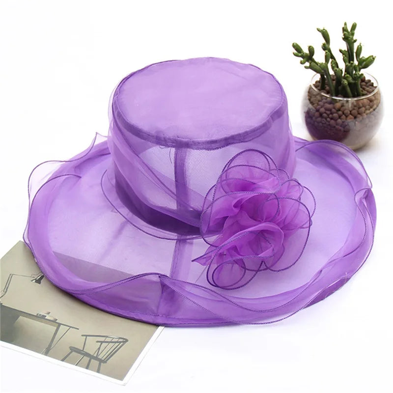 Wedding Hat for Women Elegant Flower Mesh Sunscreen Kentucky Derby and headgear Church Organza Purple Sunhats