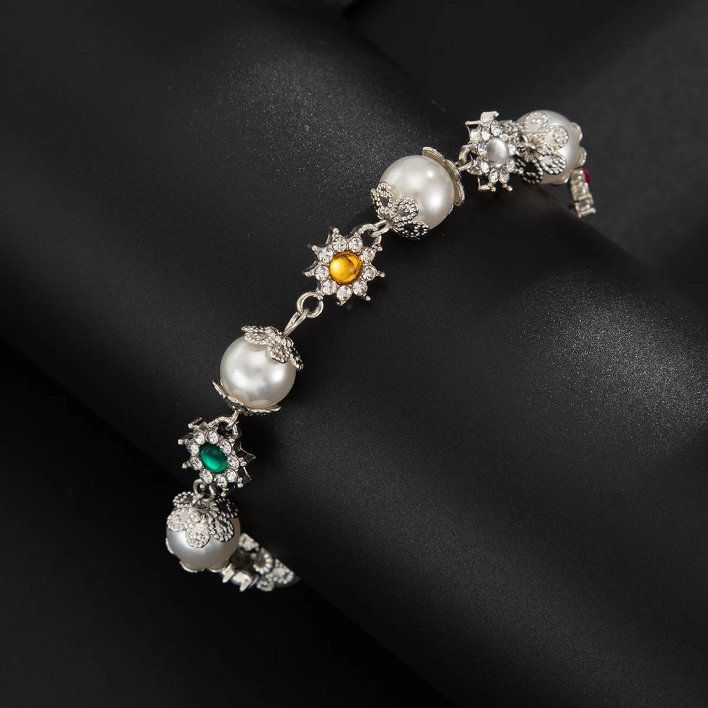 KunJoe Creative Shining Inlaid Rhinestones Imitation Pearl Bracelet for Men Fashion Statement Hand Bracelet Male Street Jewelry
