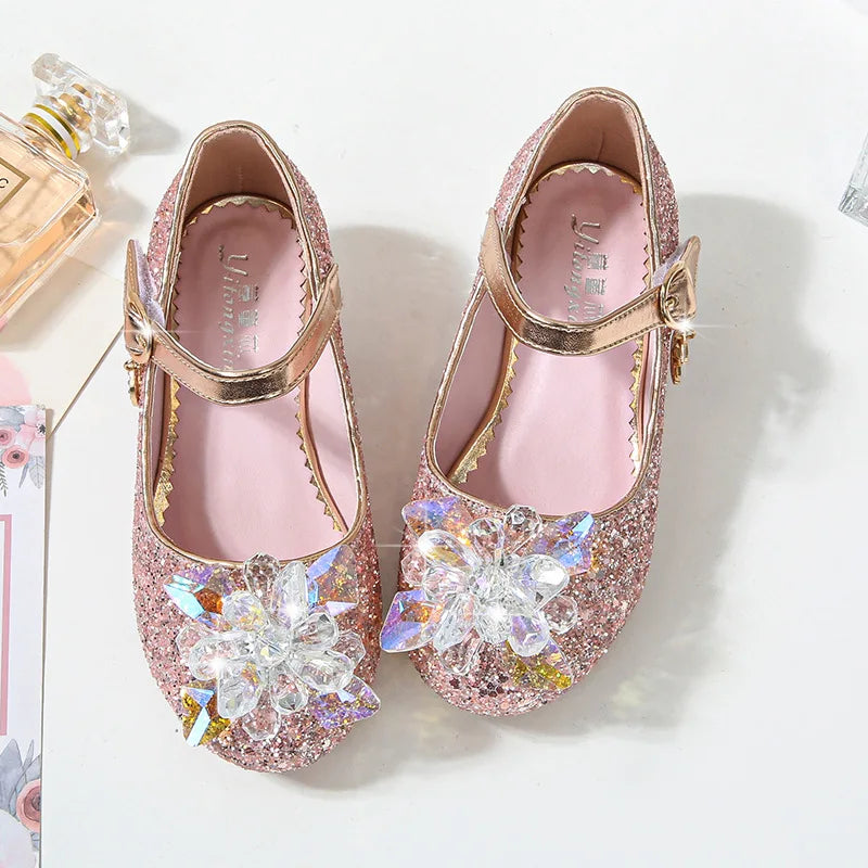 Kids Causal Shoes Wedding Party Children's High Heels Princess Shiny Crystal Flower Girls Leather Shoes Pink Blue Sliver 23-38