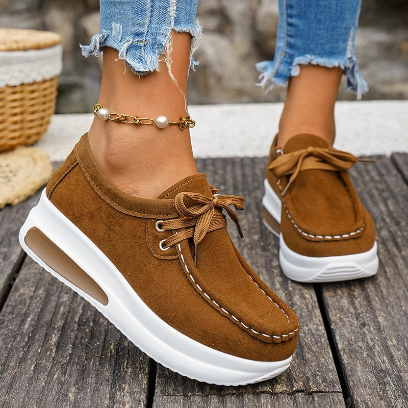 Basic Color Platform Loafers for Women 2026 Spring Light Thick Sole Wedge Sneakers Woman Plus Size Lace Up Non Slip Casual Shoes