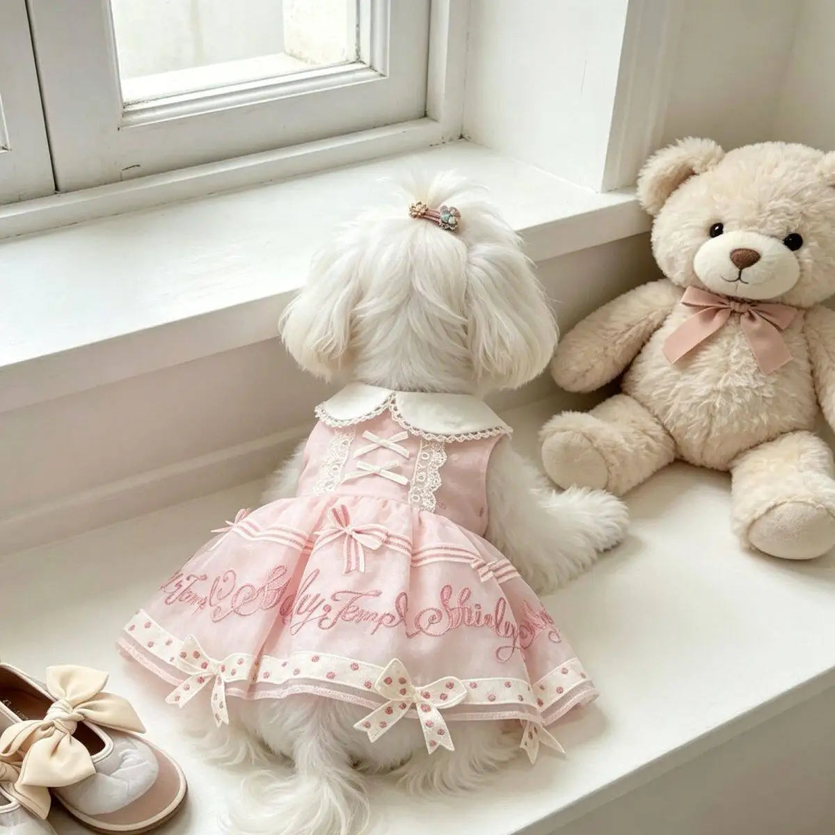Pet Dog Cats Clothes Korean Pink Print Bow Cute Princess Dresses for Small Medium Dog 2026 Summer Puppy Home Wear Skirt Clothing
