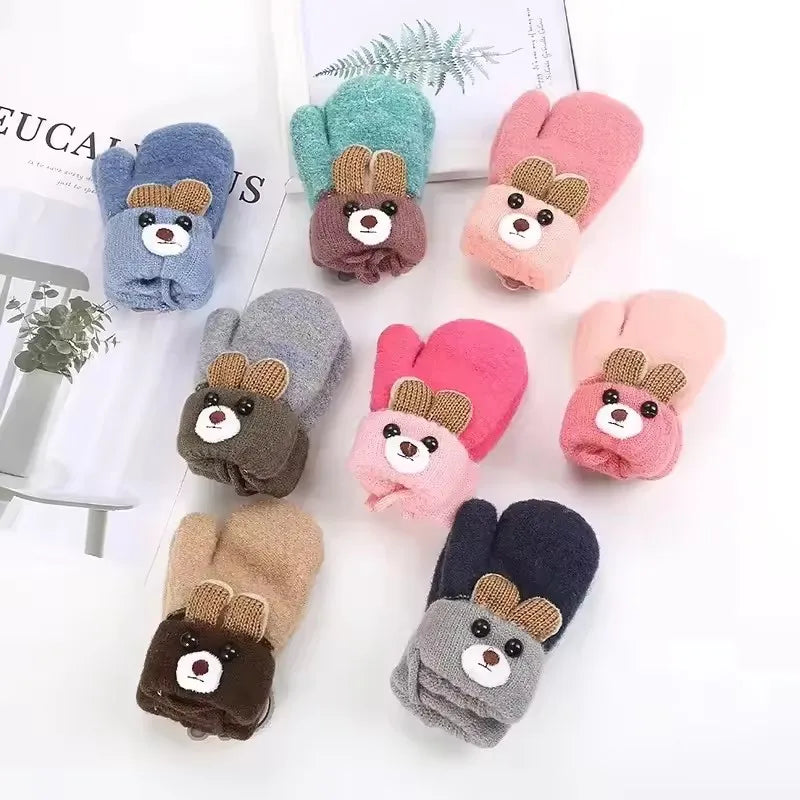 0-3 Year Old Children's Gloves Boys and Girls Cute Little Bear Cartoon Knitted Yarn Gloves Double-layer Thick Keep Warm Winter