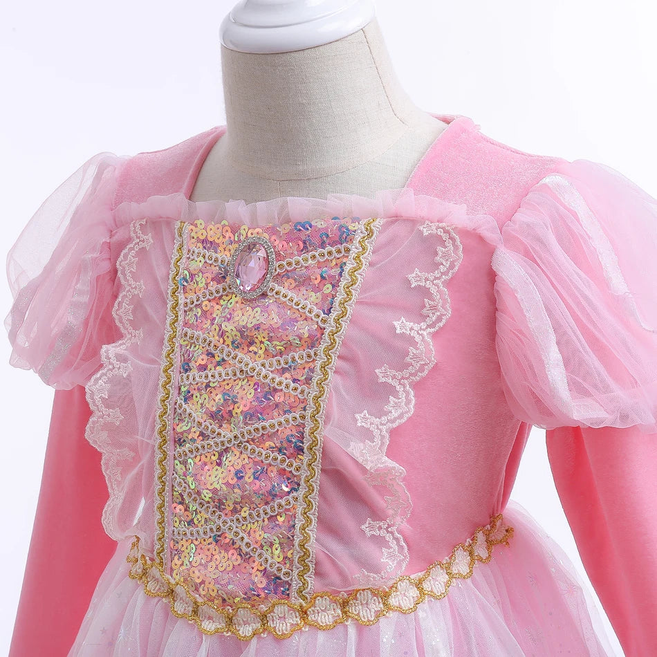 Girls Princess Pink Dress Children Rapunzel Pink Clothing Girls Spring Autumn and Winter Velvet Dress Kids Stage Performs Clothe