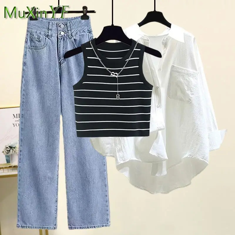 Women 2025 Spring Summer New Casual Denim Wide Leg Pants Matching Set Korean Elegant Sunscreen Shirt+Vest+Jeans Three Piece Suit