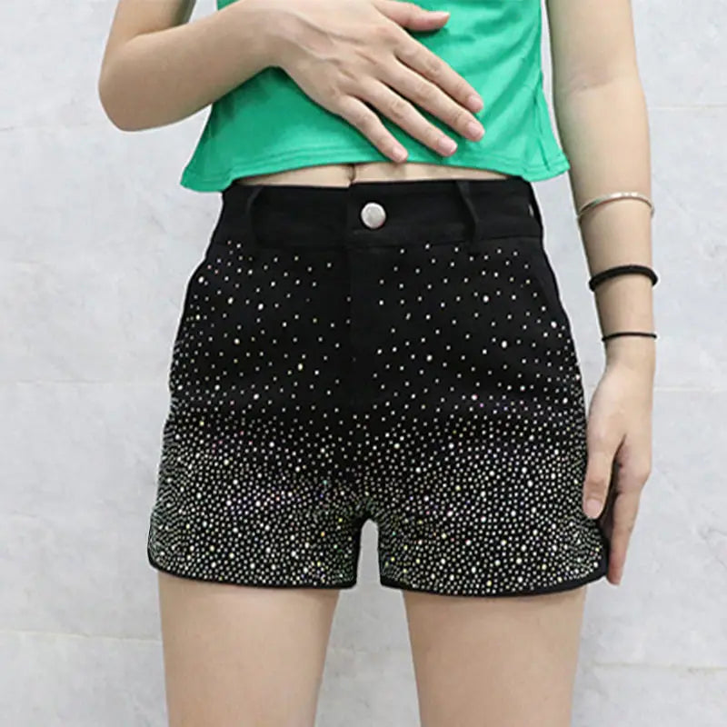 Women's High Waist iny Sequin Denim orts Summer New Sle Korean Version Slimming Elastic Wide Leg A-Line Hot Pants