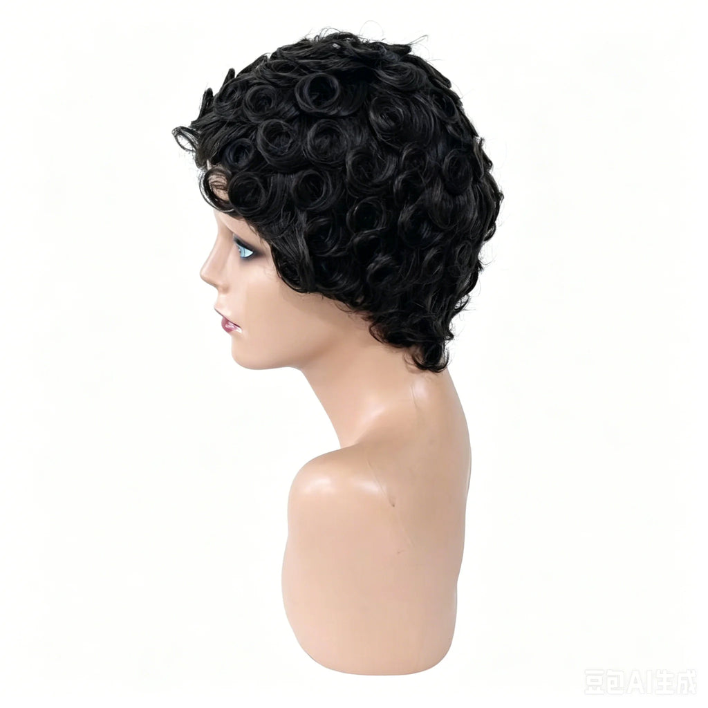 Women's Human Hair Pixie Cut Wig Full Machine Made - Short Layered Curly with Bangs, Natural Black 250% Density