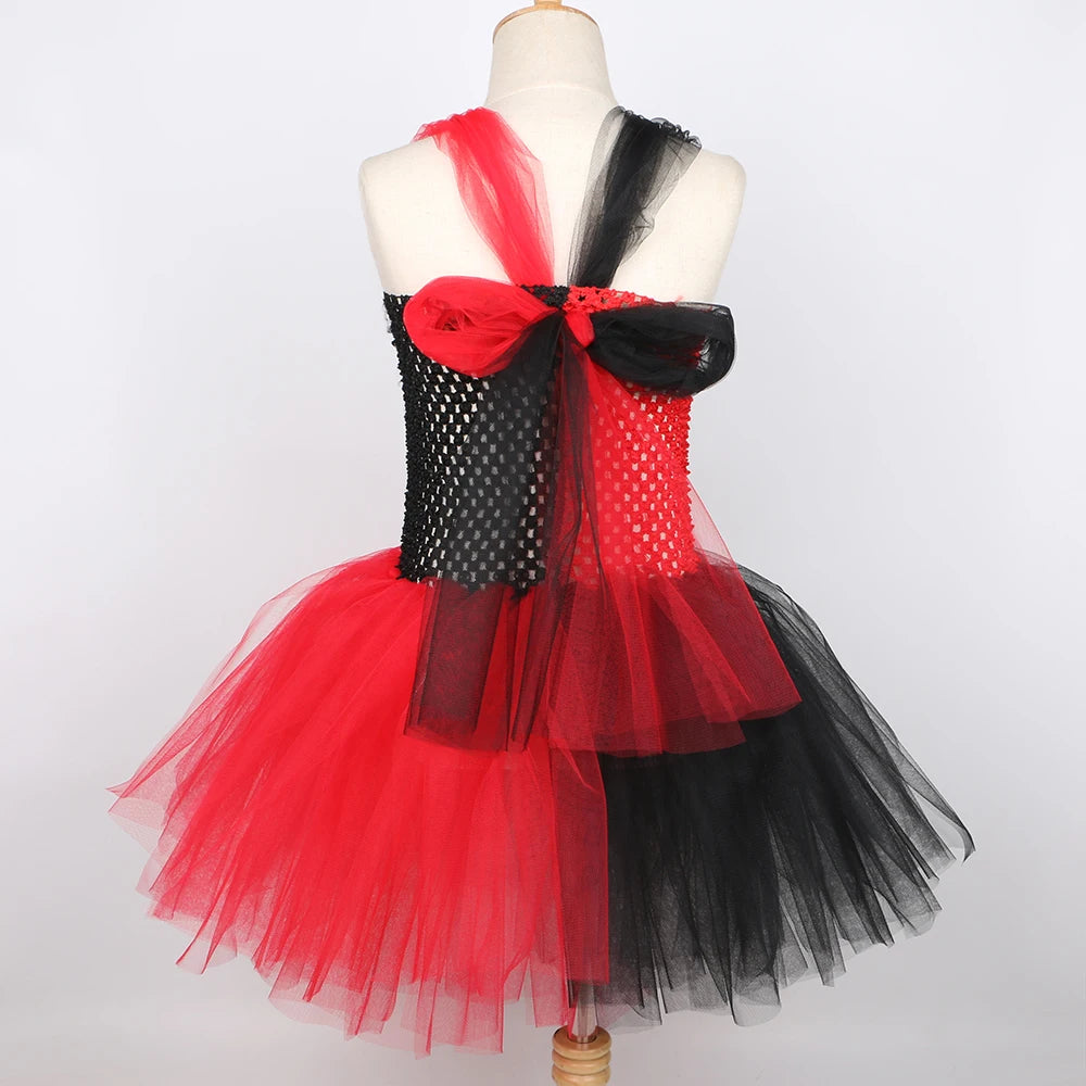 Kids Clown Costume for Girls Red & Black Joker Tulle Tutu Dress Outfits Toddler Girls Halloween Carnival Party Dress Up Clothes
