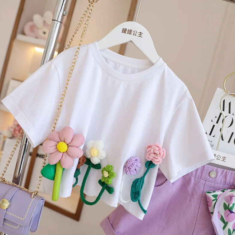 Children's T-Shirts Three-dimensional Flower Decoration Short Sleeve Kids Clothes for 3 To 13 Years Girls Tshirts