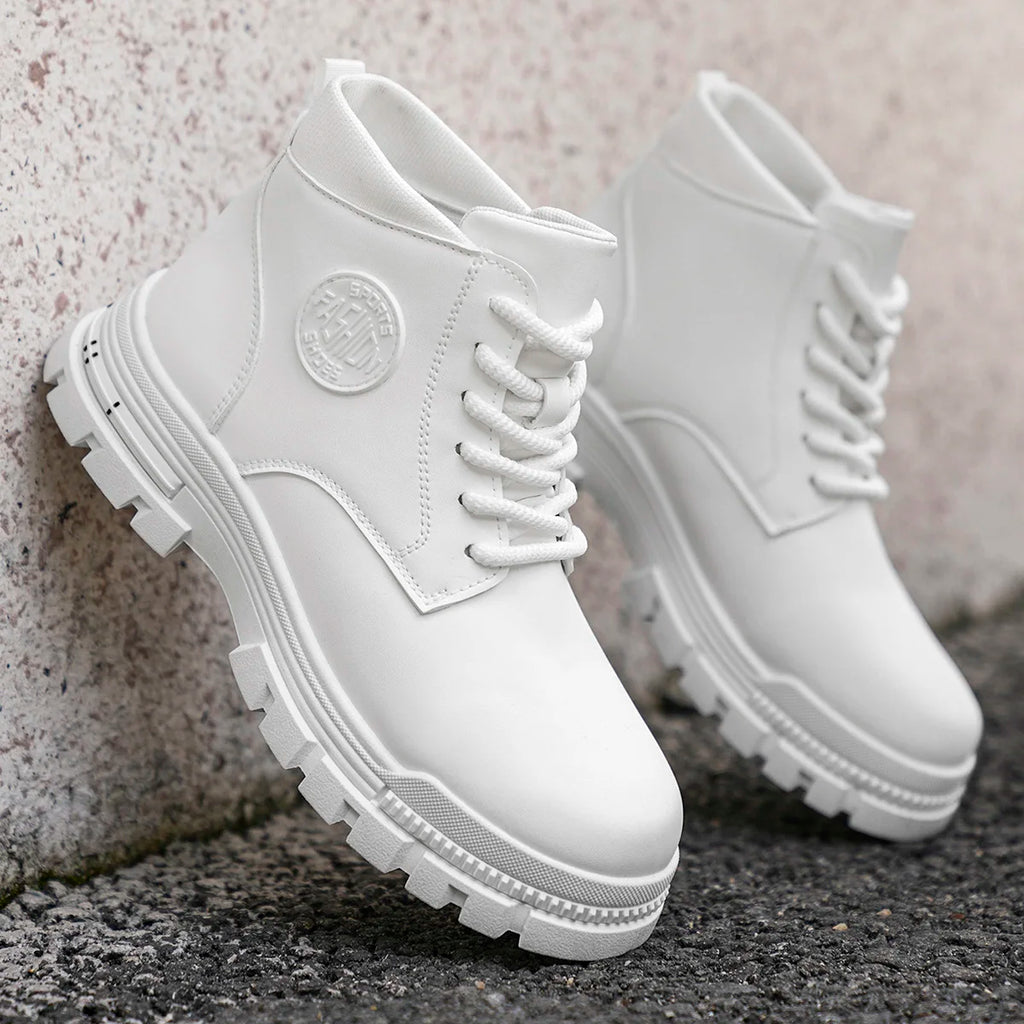 Men's Fashionable All-Season White Motorcycle Boots Autumn Winter Outdoor Hiking Mountaineering Shoes Durable Comfortable