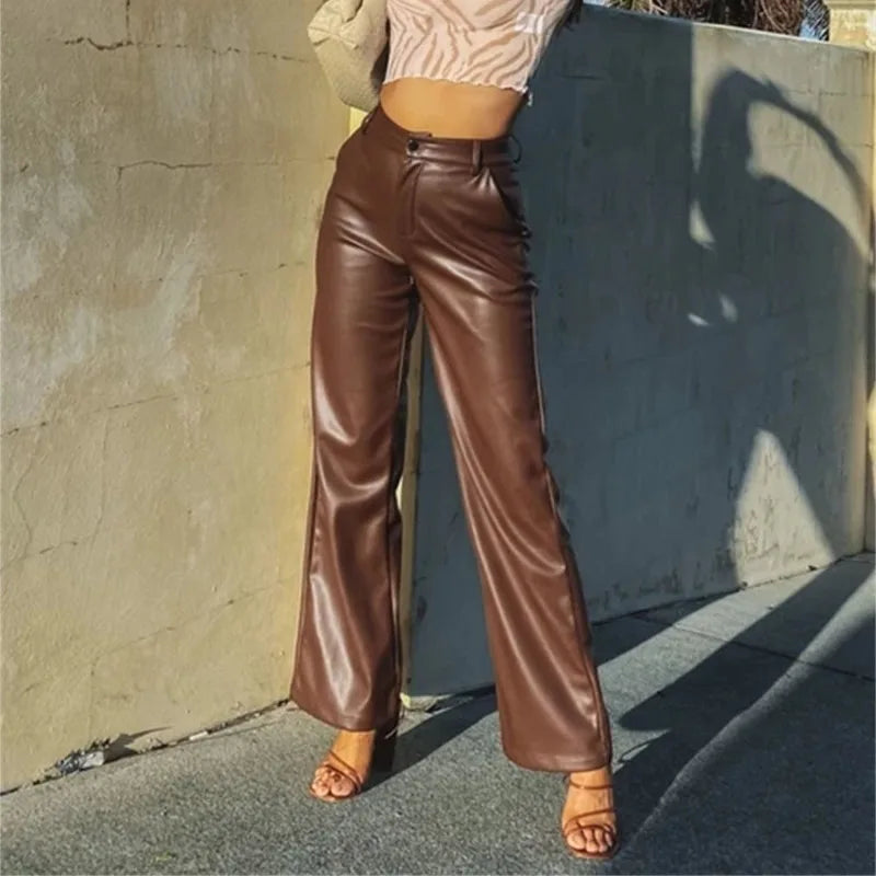 Women PU Leather Pants Solid Color High Waist Straight Trousers High Street Casual Pant