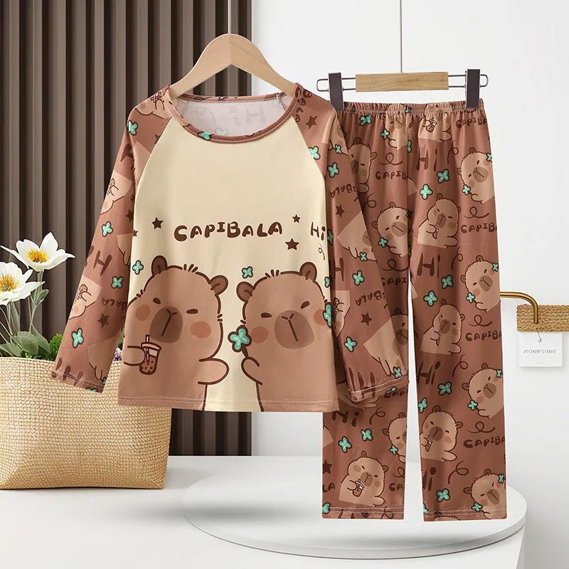 Capibara Kids Pajama Sets Long Sleeve Loungewear with Cute Animal Print Soft Sleepwear for Boys Girls Cartoon Sleepwear Outfit