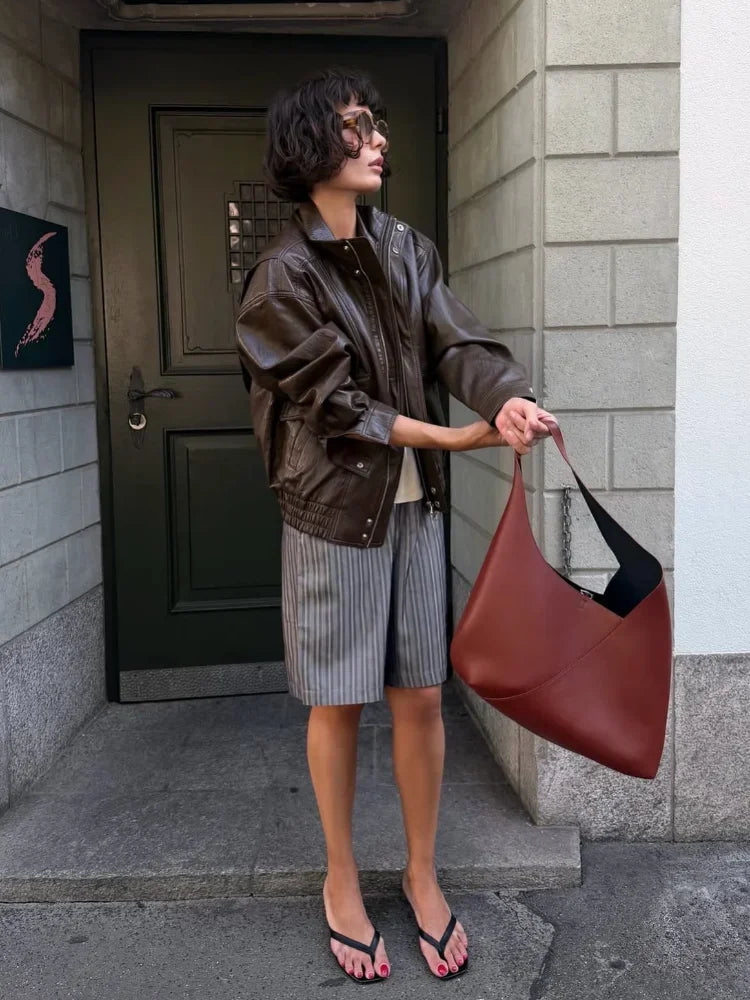 Women Vintage Dark Brown Leather Jacket Casual Stand Collar Zip Up Pocket Long Sleeve Loose Outerwear Street Wear Winter Jackets
