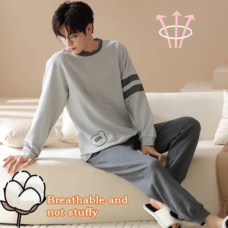 Spring Autumn Mens 100% Cotton Pajamas Set Summer Sleepwear Japanese Winter Gray Long Sleeve Homewear for Men Lounge Sets Pajama