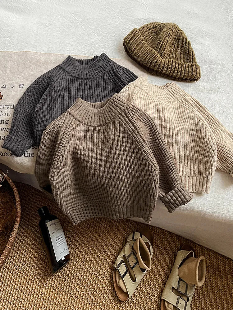 2025 Autumn New Children Sweater Solid Baby Girls Knitted Pullover Kids Boys Casual Vintage Sweater Cotton Toddler Clothes