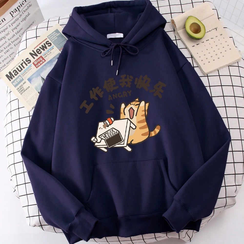 Fat Cat Slogans Work Is My Joy Boy Wei Clothing Casual High-Quality Hoodies Cartoon Fashion Hoody Daily Leisure Woolen Sweater