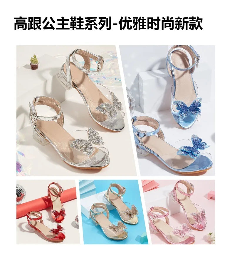 2025 Summer Latest Girls Sandals Bow Thick with Transparent Ankle Strap Children High Heels Rhine-drill Open Toe Princess Shoes