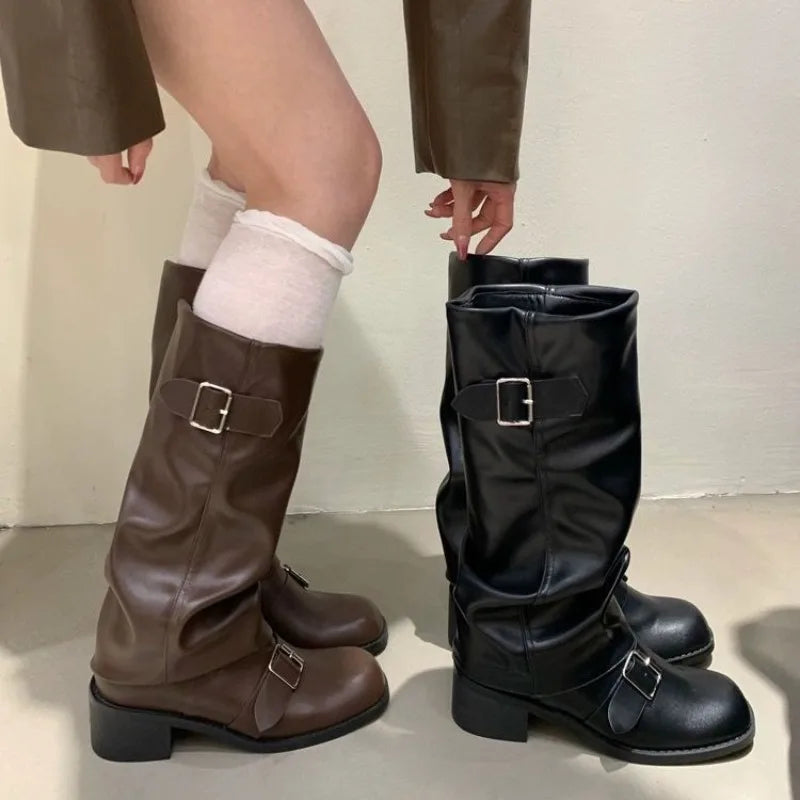 2025Woman Boots Knee High Platform Chunky Heels Trend Punk Gothic New Rock Leather Fashion Women's Shoes Motorcycle Footwear