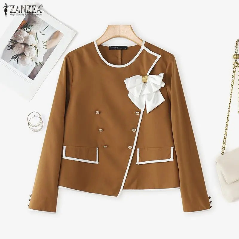 ZANZEA Elegant Blazer Autumn Double Breasted Long Sleeve Coats Women Fashion Bow Office Outerwear 2025 Casual Street Jackerts