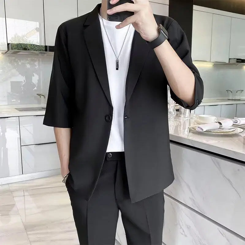 Men's Casual Half Sleeve Suit Jacket Polyester Fiber Breathable round Hemline Single Button Closure Standard Fit Adult Wear