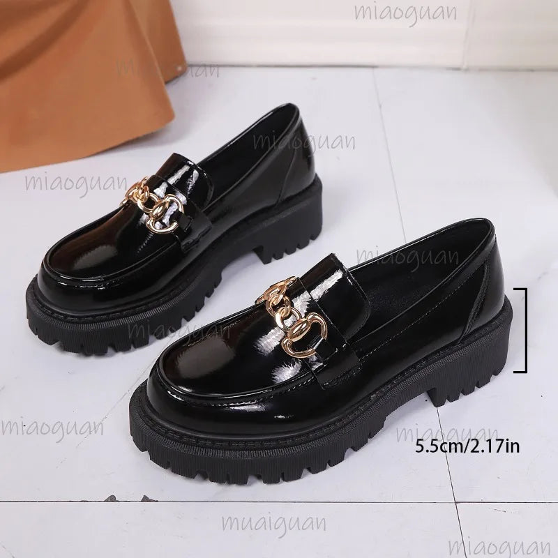 Fashion Metal Decoration Black Loafers Shoes for Women Non Slip Platform Casual Shoes Slip-on Office Ladies Footwear Size 35-43