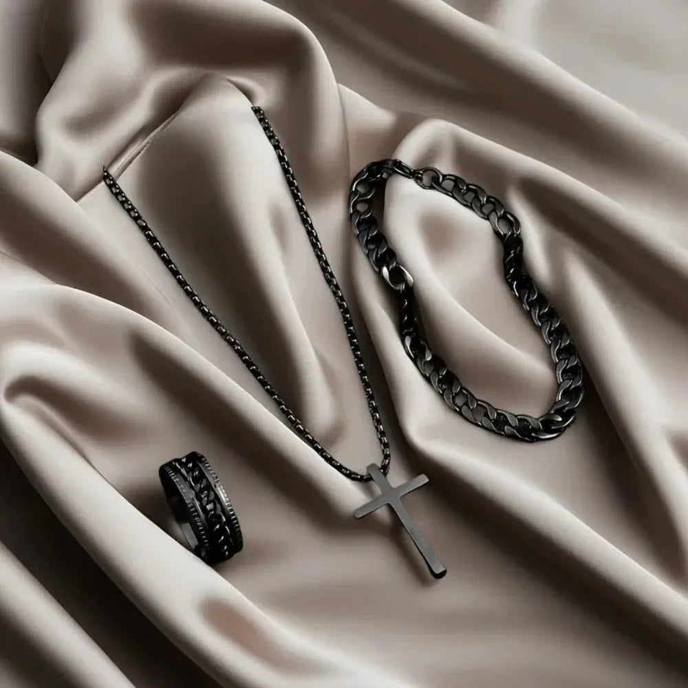 Hip Hop Men's Metal Cross Pendant Chain Necklace Bracelet Ring Jewelry Set Male Daily Wear Accessories 3pcs Set
