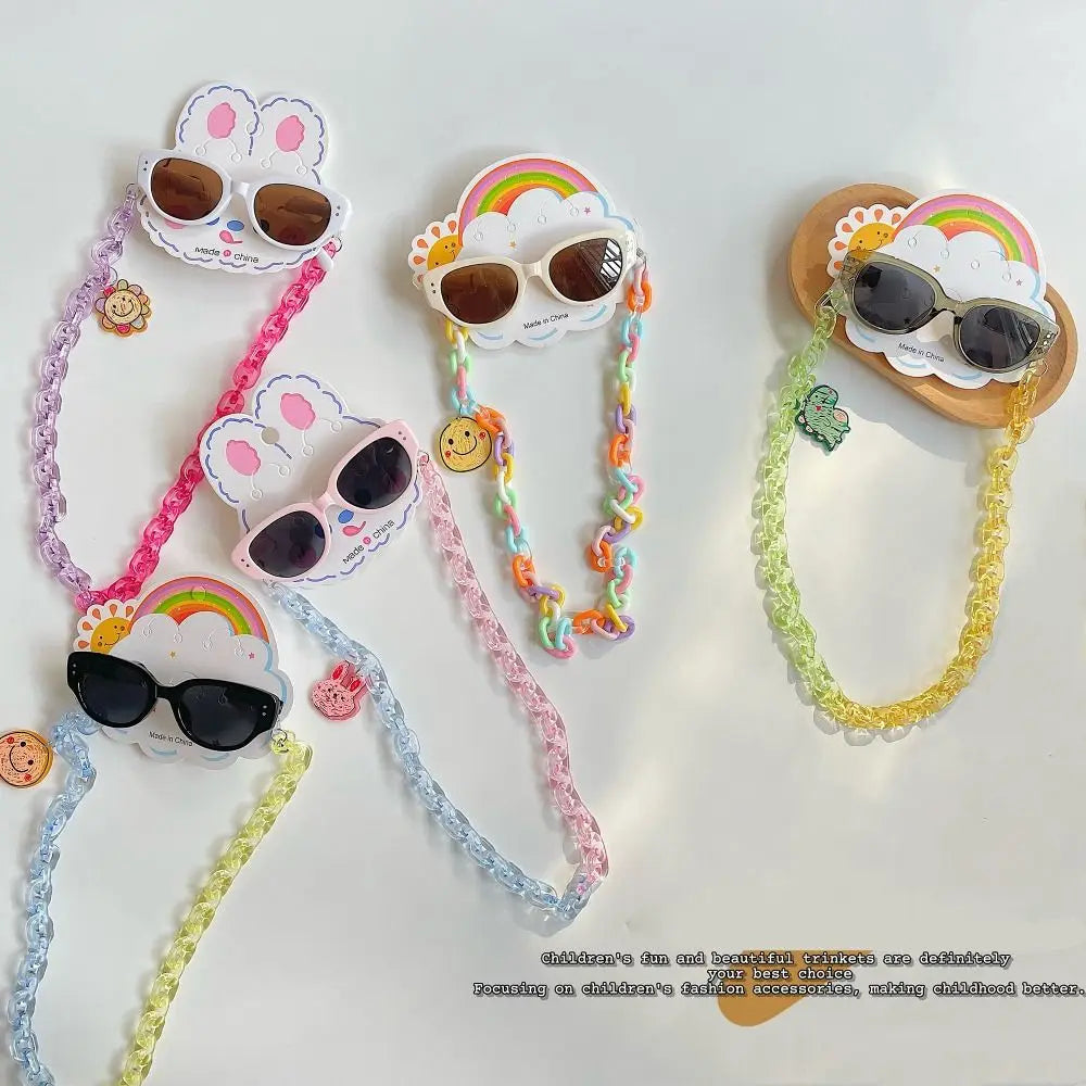 2Pcs/Set Spring Summer Kids Cat Eye Sunglasses Fashion Kawaii Sunscreen Eyeglasses Outdoor with Eyeglass Chains Children Eyewear