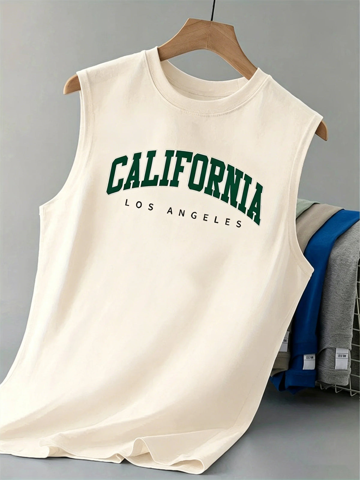 100% pure cotton men's summer casual loose California pattern printed fitness breathable round neck sleeveless vest-H13