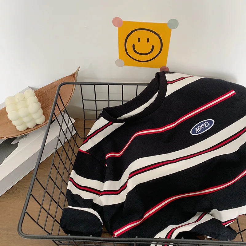 2025 Spring Autumn Kids Boys T-shirts Cotton Striped Loose Sticker Casual Long Sleeve Baby Girls Shirts Toddler Boys Tops