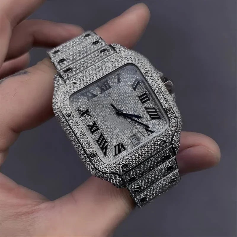 2pcs Set Luxury Diamond Men's Watches Business Stainless Steel Quartz Wristwatch Male Casual Silver Bracelet Wrist Watch