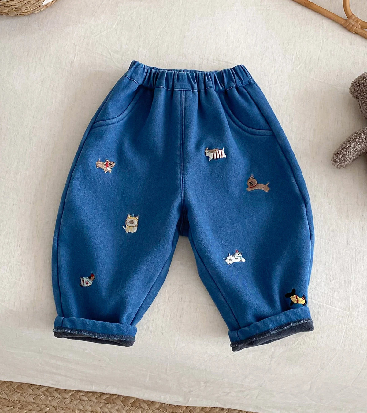 Winter Kids Pants Fur Lining Boys Jeans Embroidery Girls Denim Pants Thicken Girls Trousers