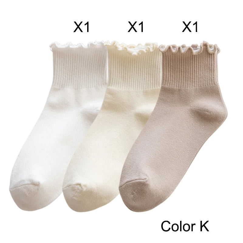 3 Pairs/Lot Cute Socks For Women New Japanese Style Breathable Girls Short Socks Kawaii Solid Socks Frilly Ruffle Socks Casual