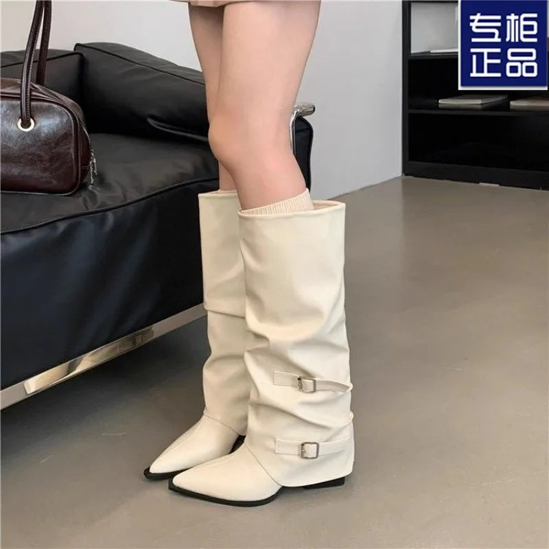 Designer Women's Boots Winter Cosy Pointed Toe Woman Shoes Fashion Sexy Knee-High Boots for Women Belt Buckle Thick Heel Boots