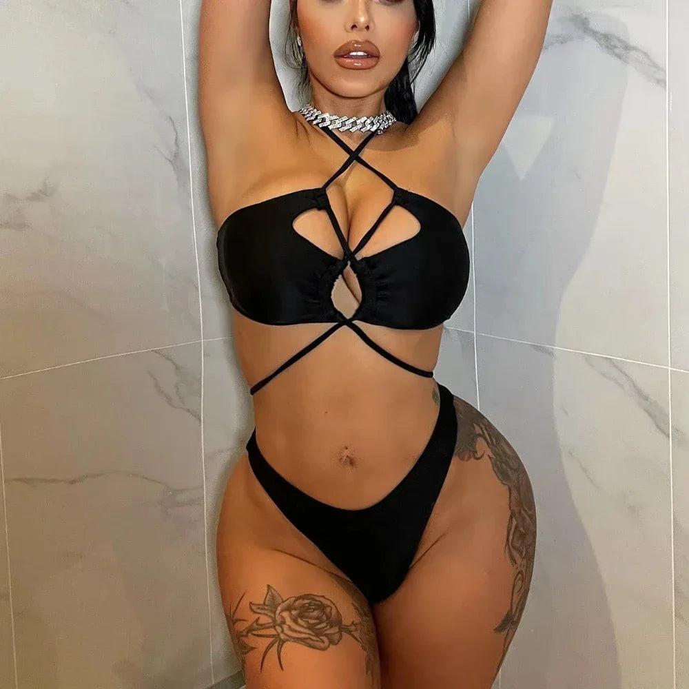 Bikini  Sexy Swimwear Swimsuit Women Black Hollow Cross Straps Bikinis Set Bathing Suit Beach Bikini Female Banadores Mujer