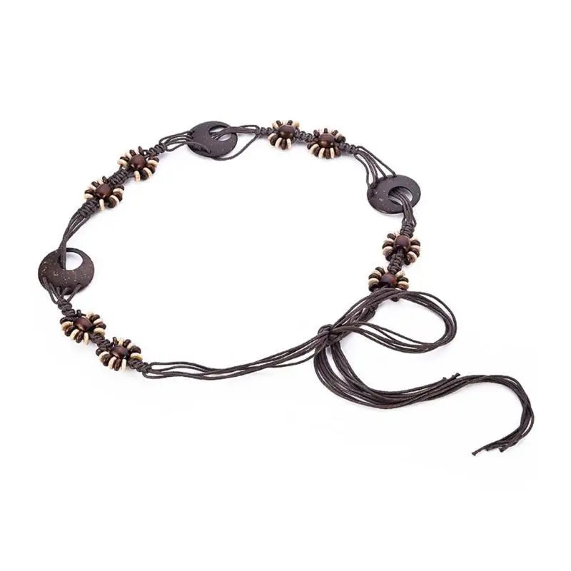 652F Women Braided Waist Belt Vintage Thin Bohemian Belts with Beads Decors Decorative Cool Girls Dress Shirt Waist Belt