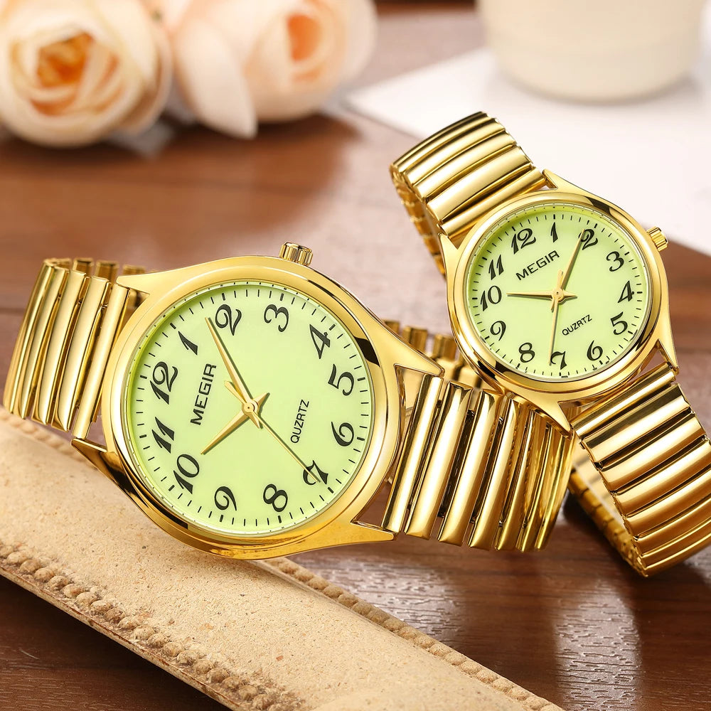 MEGIR Top Luxury Couple Watch for Men Women Golden Stainless Steel Quartz Wrist Watches Lovers Analog Wristwatch Waterproof