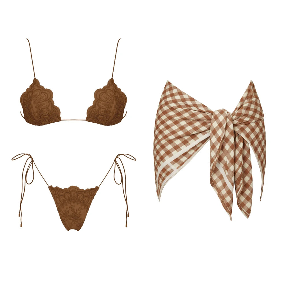 Mesh Bikini with Pants Swimsuit Brazilan Bikini Set Swimwear for Women Lace Halter Shirring 3 Pcs Bathing Suits Summer Female