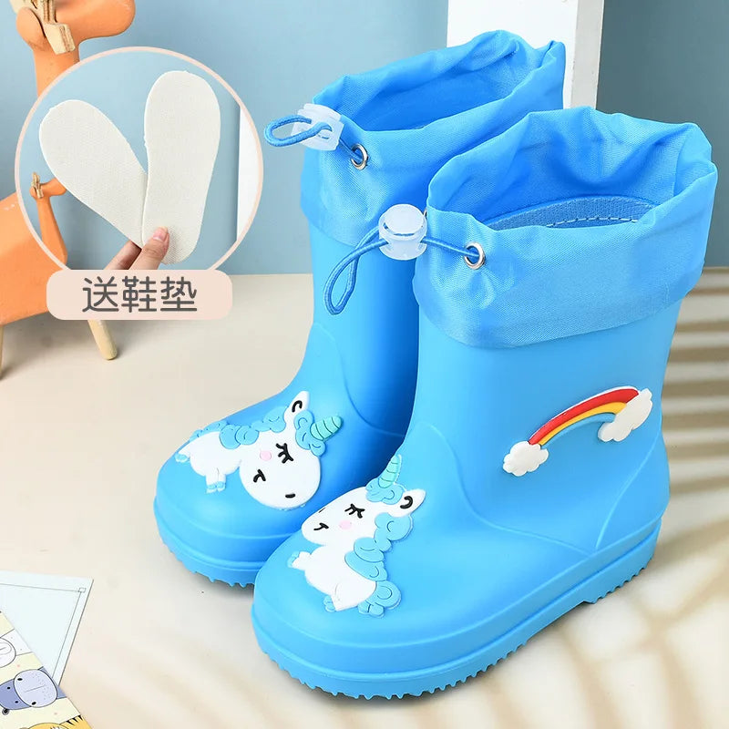 New Kids Rain Boots Boys Girls Rainbow Water Shoes Toddlers Garden Shoes Kids Cartoon Drawstring Non-Slip Rain Boots Comfortable