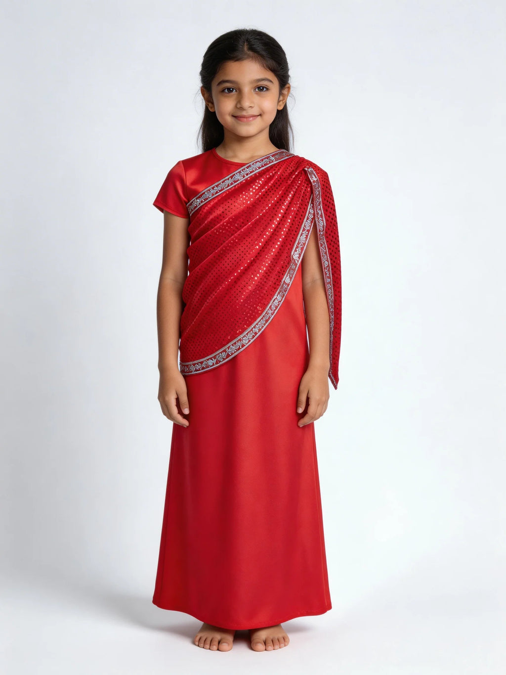Kids Red Indian Traditional Saree Dress Girls Sequin Ethnic Gown Children Performance Costume for Diwali Wedding Festival Stage