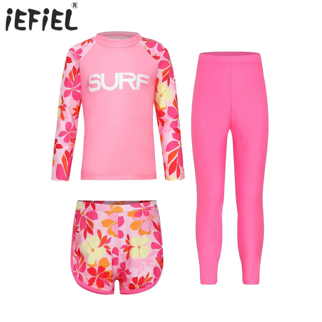 Kids Girls Boys 3 Pieces Swimsuit Swim Top with Shorts Pants Set UPF 50+ Rash Guard Outfits Bathing Suit Water Park Swimwear