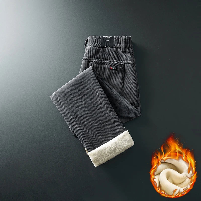 Winter Fleece Warm Corduroy Fabric Men's Casual Pants Outdoors Business Thick Flocking Plush Black Grey Brown Trousers Male