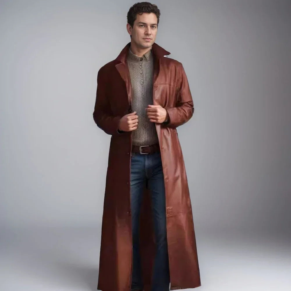2026 New Men's Long Leather Jackets Goth Punk Button Trench Coat Solid Lapel Collar Long Pu Windbreaker Winter Leather Coats